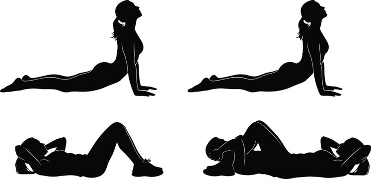 Fitness exercise silhouette illustration, yoga cobra pose artwork, abdominal crunch workout concept, health wellness design vector, black and white template