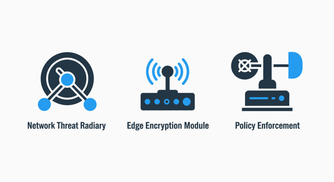 Advanced network security icons showcasing network threat radius edge encryption module policy enforcement with security encryption enforcement cybersecurity technology protection infrastructure
