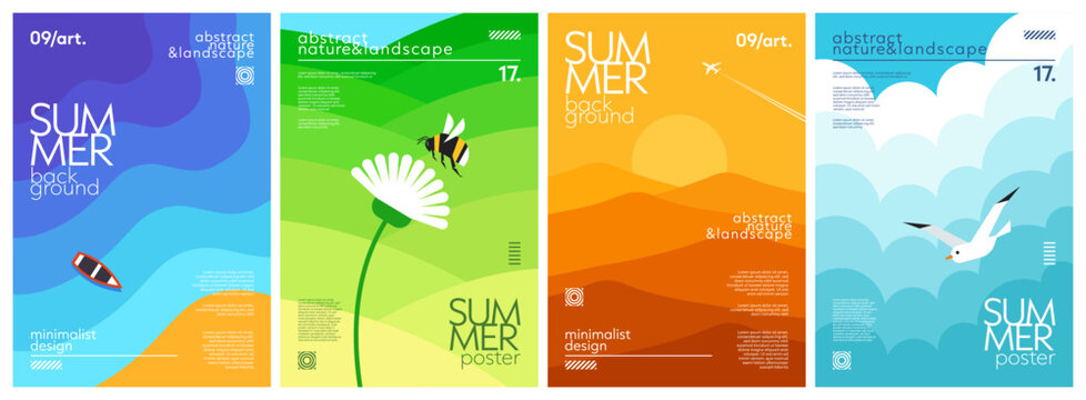 Set of nature landscape summer backgrounds with sea or ocean and boat, hills and bumblebee, desert or mountains and sun, clouds and seagull. Simple gradient geometric design for cover, poster, banner