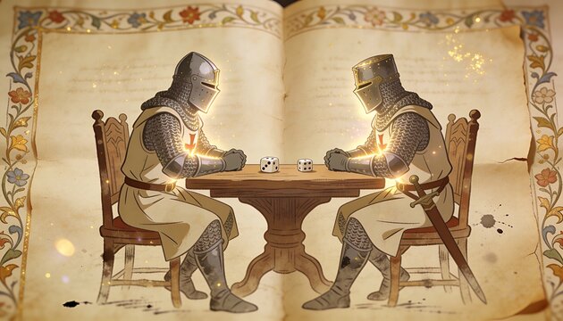 Sitting two knights in mail cross-surcoats facing at wooden table on folio, showing dice and sword