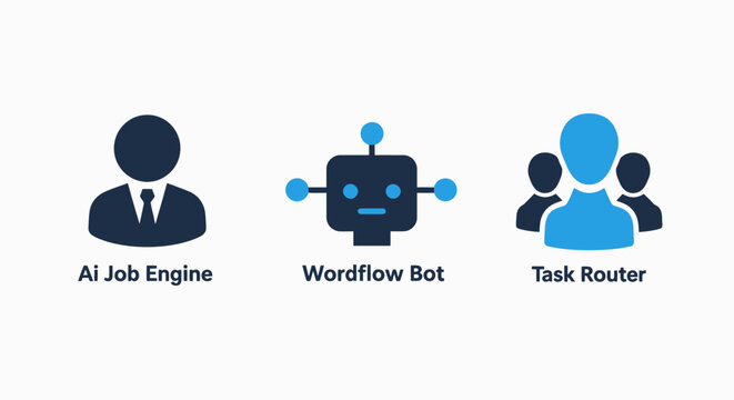 Icons representing AI job engine workflow bot task router for process automation artificial intelligence flat design automation technology computer illustration abstract business