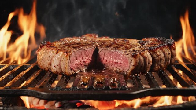 Juicy T-bone steak grilling over open flames on a barbecue grill, close-up