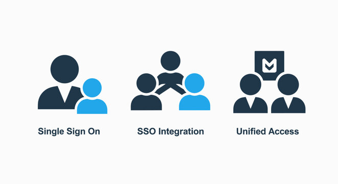 Authentication and access icons: single sign-on sso integration unified access with digital identity authentication integration technology security business illustration abstract software