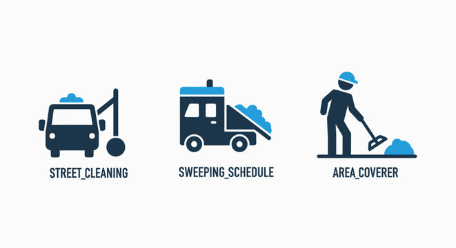 Icons depicting street cleaning activities: a cleaning truck debris removal from a truck a person sweeping public service flat design app icon web icon cleaning sweeping sanitation