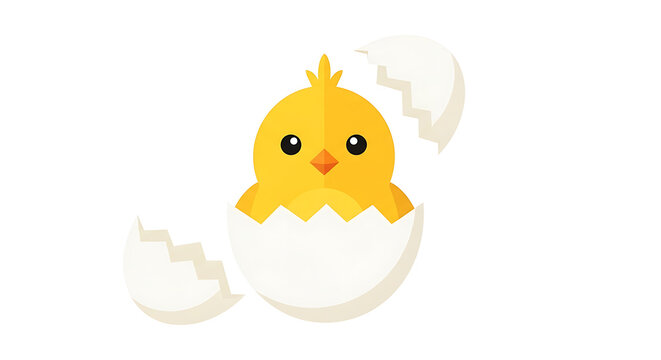 Cute yellow chick hatching from egg, cartoon illustration, baby bird emerging, happy animal