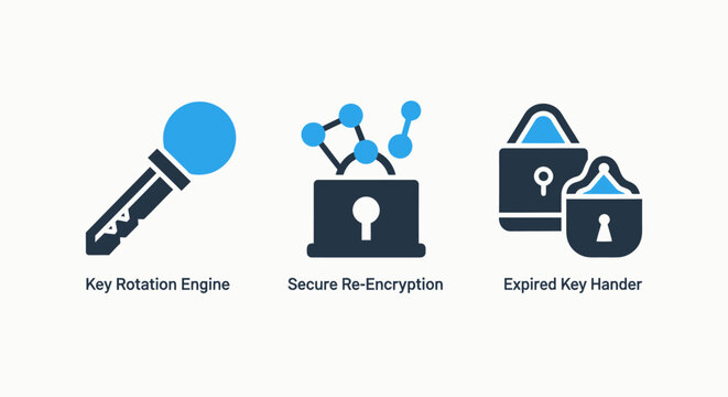 Icons for key rotation engine secure re-encryption expired key handler re encryption rotation re-encryption security cybersecurity encryption protection technology computer business