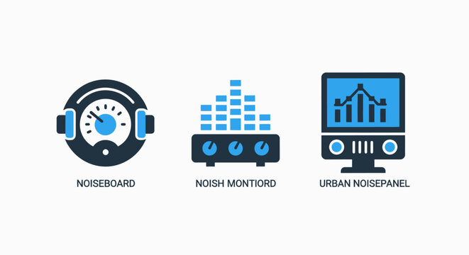 Sound monitoring and analysis icons with flat design noise pollution sound level meter audio analysis sound spectrum monitoring system data visualization measurement tool sound engineering