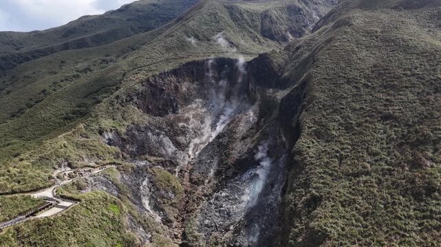 Aerial view of steaming fumaroles in yangmingshan national park