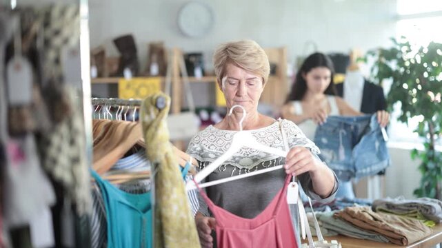 Joyful mature woman stands near a rail with hangers, she chooses clothes against the background of a female customer. Pensioner shopping in a European clothing store on discount days. High quality 4k