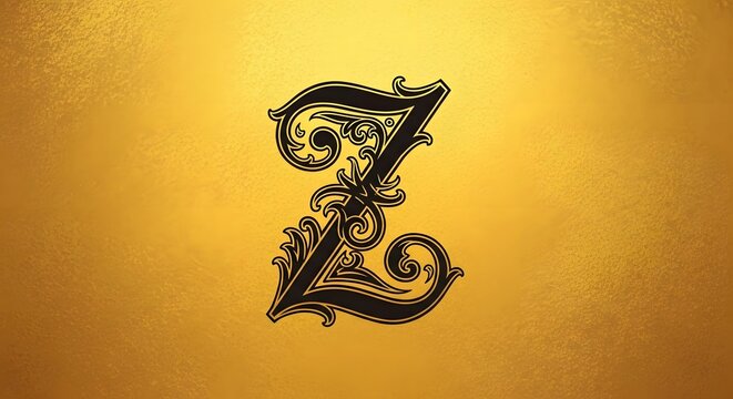 Luxurious and intricately designed vintage letter Z, adorned with elegant flourishes against a rich golden textured background, evoking classic typography and sophisticated artistry