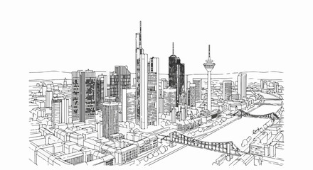 Obraz premium A black and white sketch of a bustling city skyline with towering skyscrapers and a bridge