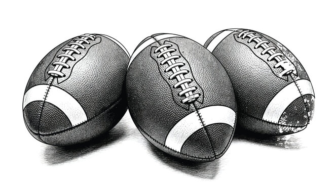 Three american footballs isolated on transparent background vintage style black and white illustration