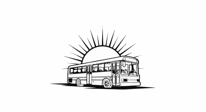 A black and white sketch of a bus with a sunburst behind it