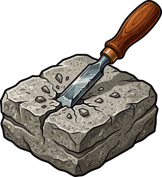 Masonry chisel breaking through solid stone block