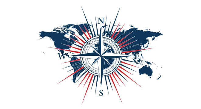 Nautical compass rose icon on world map background for global navigation