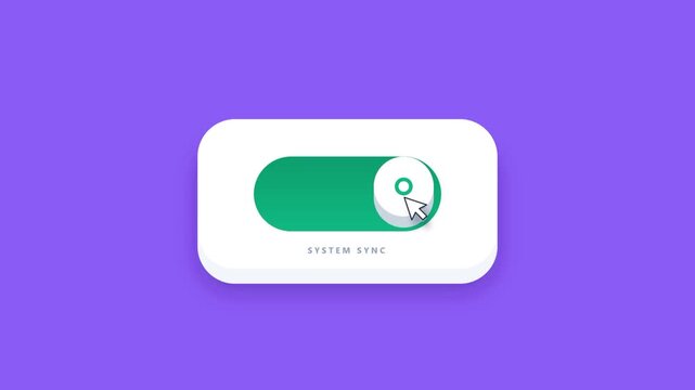 Mouse cursor clicking system sync toggle switch to activate on green. Minimalist UI animation showing data synchronization being enabled on purple bac