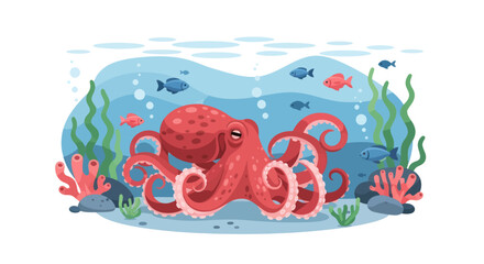 Illustration of a red octopus with fish and seaweed underwater. © Agatha