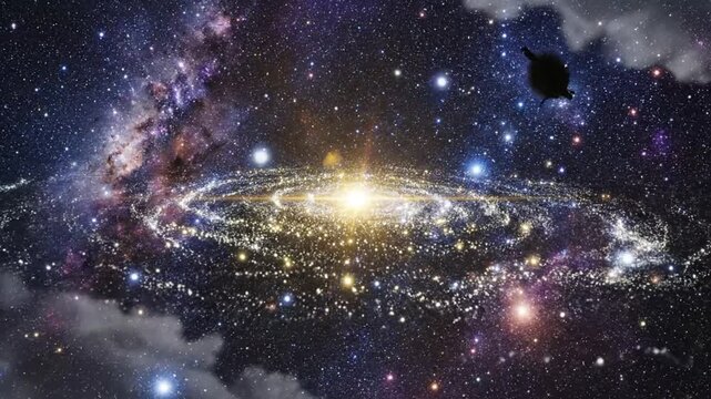 Epic celestial view of a bright galaxy, filled with stars and nebulae, with a dark object traveling across space, cosmic imagery