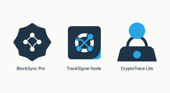 Blockchain and cryptocurrency data tracking icons for software interface and digital asset node management with blockchain cryptocurrency technology tracking management software interface