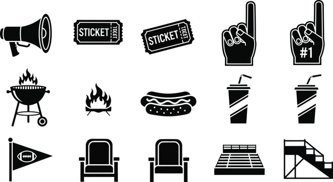 Black and white icons set tailgating sports and outdoor event essentials isolated on transparent background