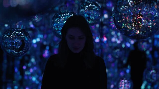 Woman standing inside immersive digital light installation with colorful reflections in Tokyo Japan, futuristic art experience