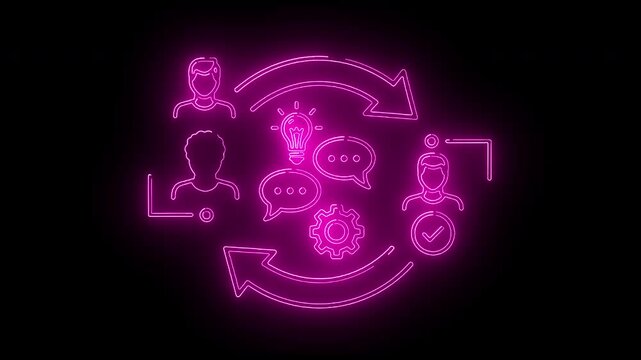 Neon pink flowchart illustration of business communication and teamwork on a black background