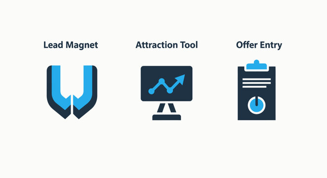 Marketing strategy and sales funnel icon collection with lead magnet attraction tool and offer entry symbols for business growth marketing attraction business strategy collection clipboard