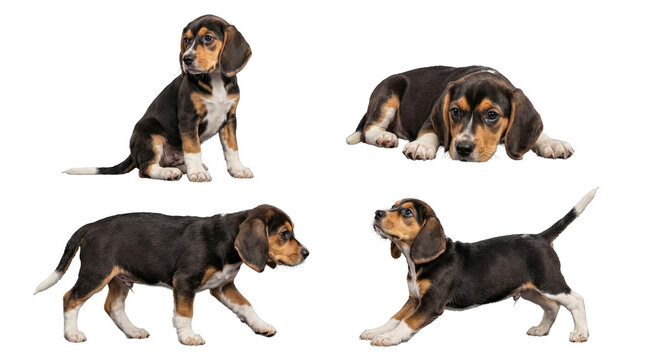 Adorable beagle puppies showcasing various playful poses, captured as a charming photograph.