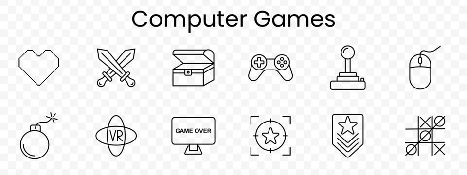 Computer games set icon. Line gaming symbols, pixel heart, crossed swords, treasure chest, controller, joystick, mouse, bomb, VR headset, game over screen, target star, rank badge, tic tac toe