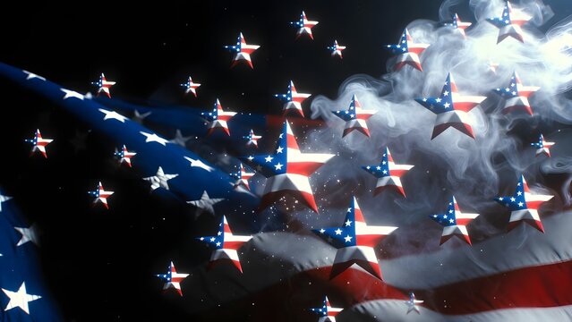 Many small patriotic stars flying through wispy smoke. Dynamic national celebration and energy. Stars with flag textures moving across a dark atmospheric scene