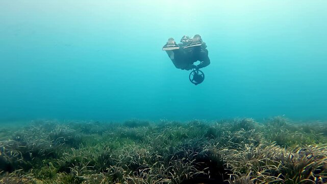 Deep sea diver exploring lush green seagrass meadows of Mediterranean during bright summer day under clear blue sky captured from wide low angle perspective featuring professional scuba gear bubbled