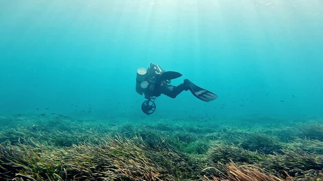 Underwater cinematic shot of technical diver navigating through vibrant lush seagrass meadow during sunny summer afternoon with ethereal light rays piercing clear blue Mediterranean sea waters
