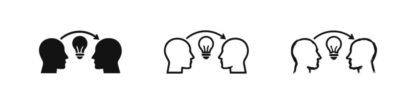 Knowledge Sharing and Idea Transfer Icon Set with Two Profiles and Lightbulb