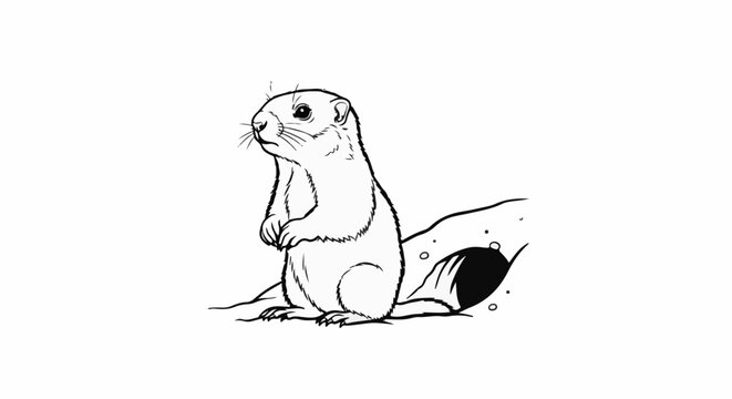 A black and white sketch of a prairie dog standing alert by its burrow