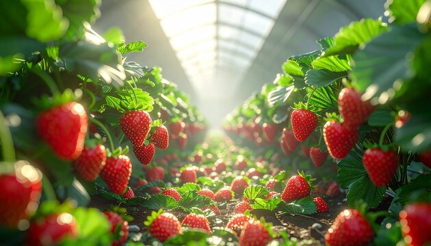 ハウス内いちご狩りと明るい楽しい背景