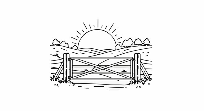 A rustic wooden gate stands open against rolling hills under a bright sunrise