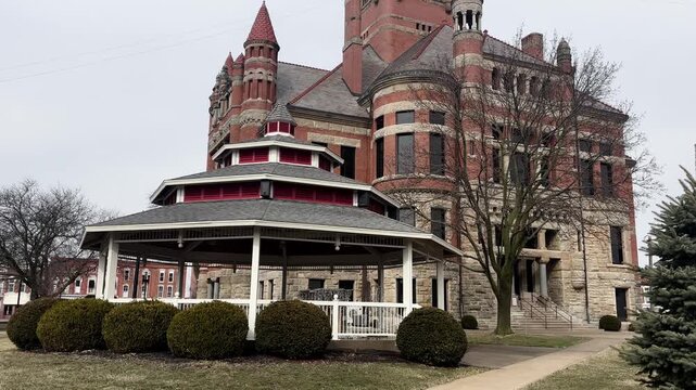 Historic Williams County Courthouse in Bryan, Ohio with gimbal video tilting up.