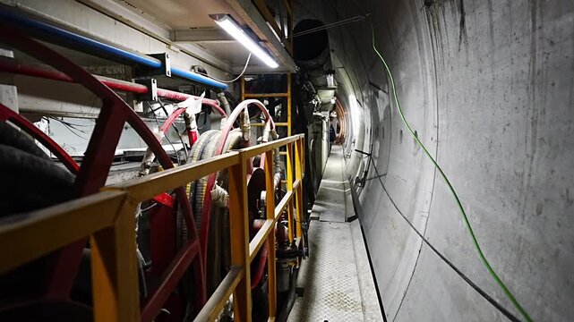 Technical walkway, cable ducts, and hose reels inside a TBM (Tunnel Boring Machine). Operational interior view of metro construction and underground engineering.