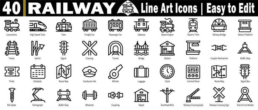 Set of railway line art icons. Including locomotive, high-speed train, tram, freight car, passenger car, caboose, steam engine, electric train bridge, and station. vector illustration.