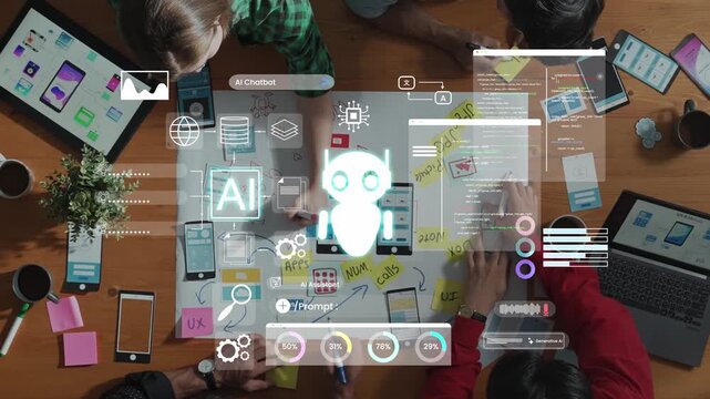 Collaborative Workspace with Digital Interface for AI Development and Chatbot Design Featuring Diverse Team Engaged in Technology Planning and Brainstorming Gluon.