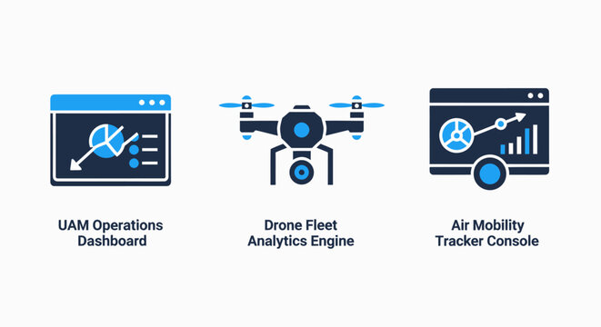 Uam operations and drone fleet analytics icons for air mobility tracking console with analytics mobility tracking dashboard aviation technology operations software management monitoring
