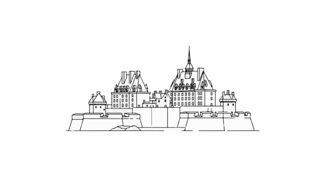 Detailed line art of a majestic European chateau with layered roofs and battlements