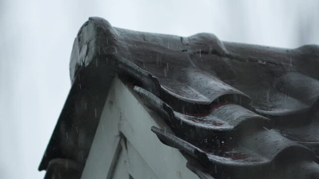 Rainy Weather, Raindrops Falling on Rooftop Tiles, Close-Up