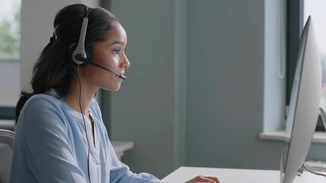 Woman wearing a headset working at a computer indoors, illustrating customer support, communication, and professional remote work environment.