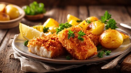 Fototapeta premium Breaded fried fish fillet with baked baby potato on rustic plate. Traditional healthy homemade lunch or dinner meal served with fresh parsley and lemon on wooden kitchen table.