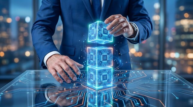 Businessman interacting with glowing futuristic microchip blocks