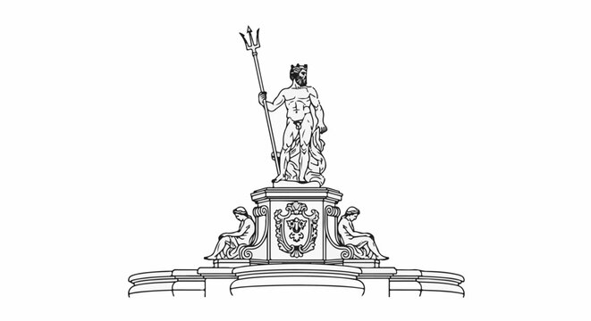 Ornate fountain featuring Neptune with trident on a pedestal, flanked by figures