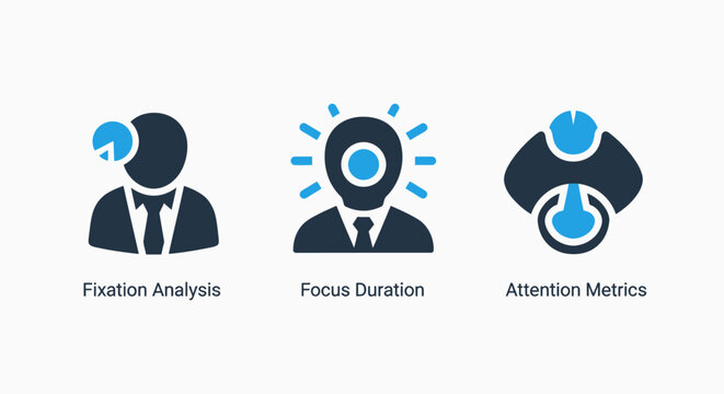 Eye tracking fixation analysis and attention metrics icons with fixation analysis attention tracking business research marketing behavior consumer interface experience development strategy