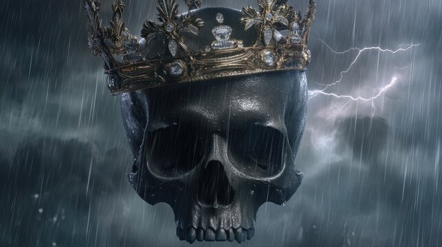 Human skull wearing golden royal crown amidst heavy rain and lightning strike. Concept of death, power, and final legacy. Cinematic dark gothic art for fantasy book cover and concept.