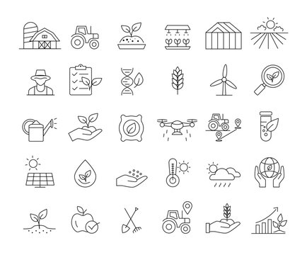 Set of agriculture and smart farming line icons in minimal outline style.